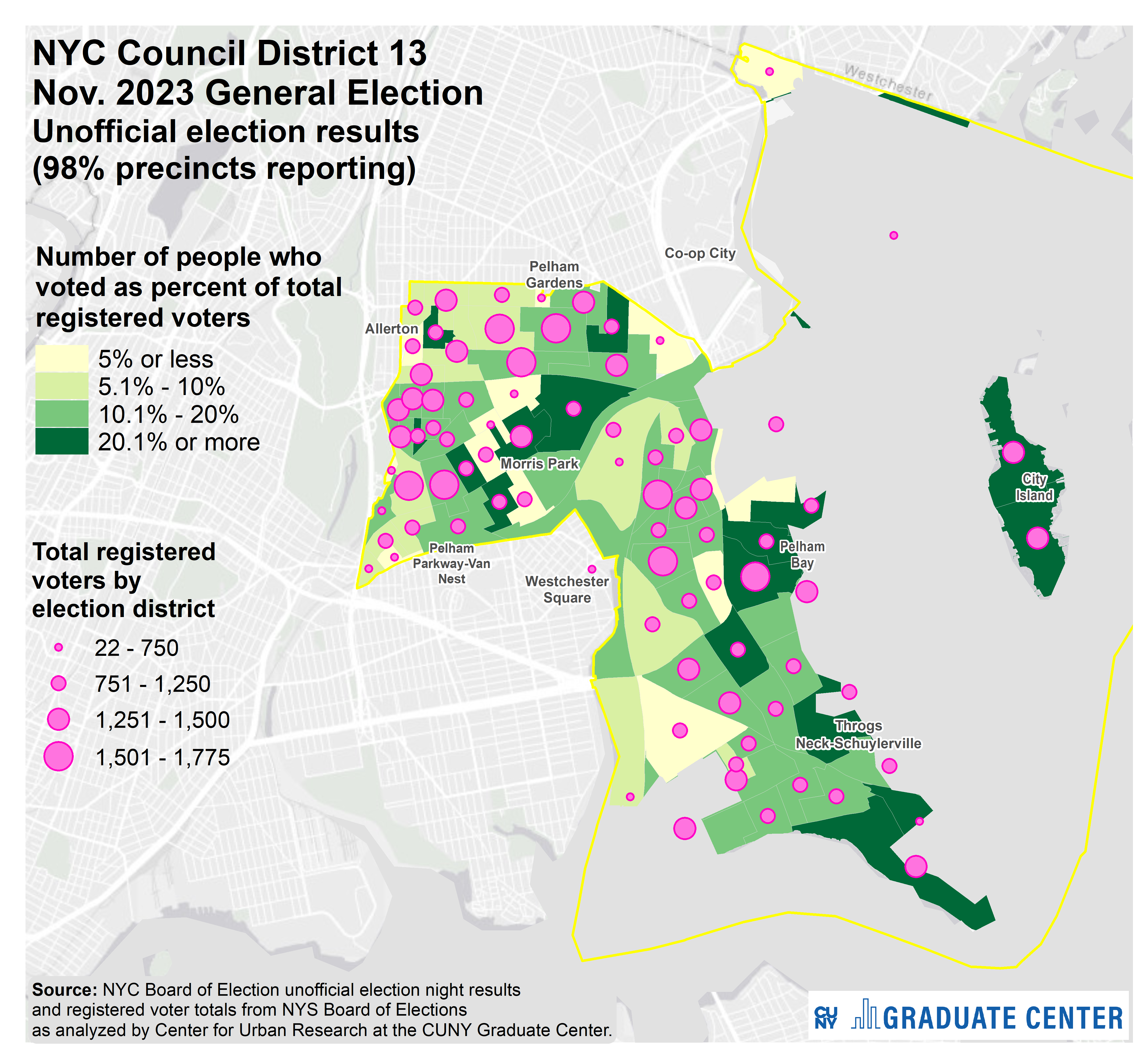 A map showing turnout as a percentage of registered voters in each election district